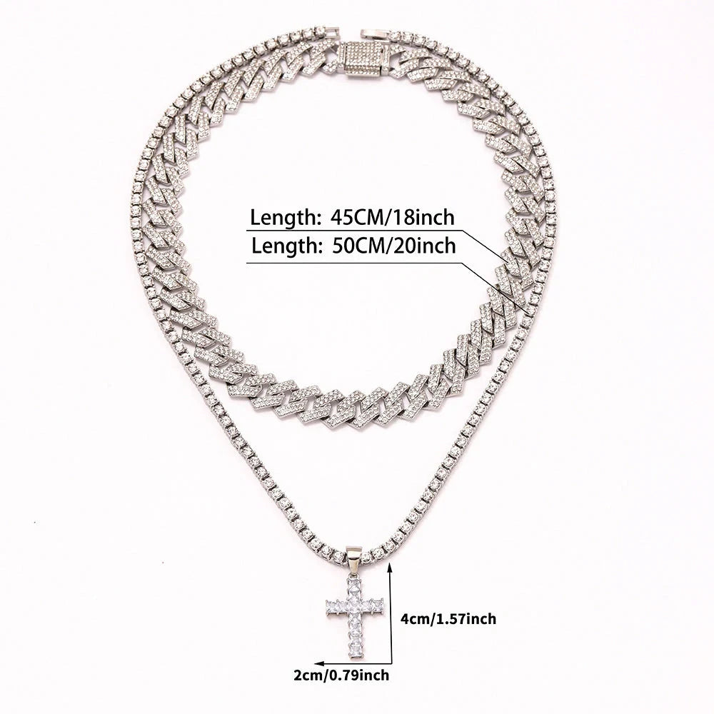 Zircon Cross Pendant Necklace with Cuban Chain in gold and silver options
