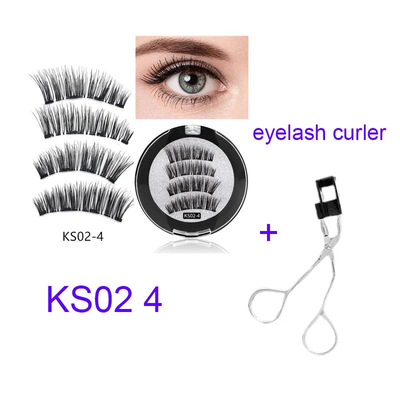 Four magnet false eyelashes in imported fibre with hand made construction and optional eyelash curler