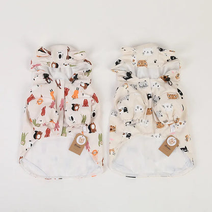 Beige cartoon dog raincoat with double waterproof PU coating in size L for medium dog breeds