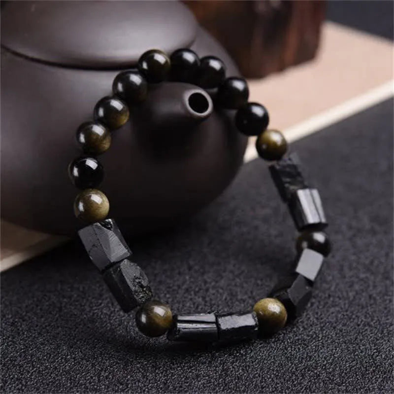 Natural obsidian single ring bracelet with 8mm beads and retro constellation design.