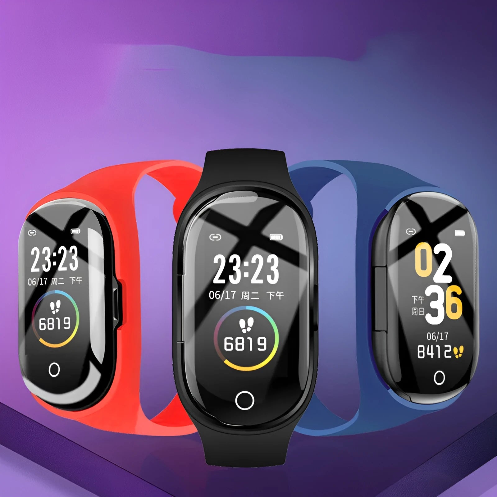 Black smart silicone wristband with a 1-inch screen and integrated earphones for fitness tracking and calls.