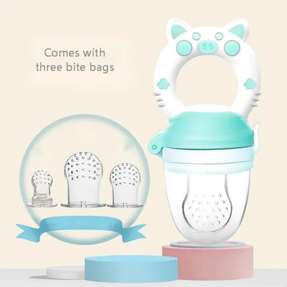 Silicone baby teether chew toy in blue, green, or pink for infant gum relief