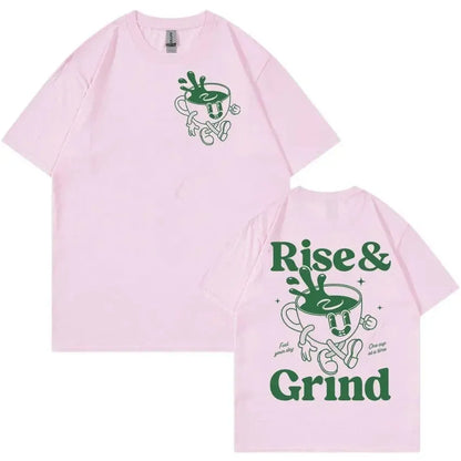 Men's loose grey linen t-shirt with a printed green coffee cartoon and 'Rise and Grind' text.