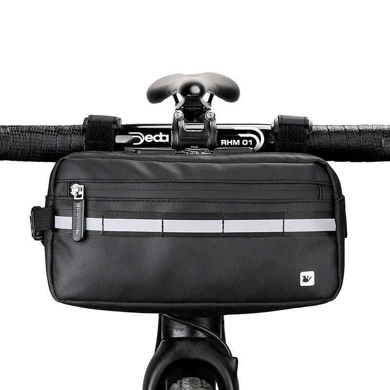 Multifunctional bicycle front handlebar bag in black, grey or blue, 1680D polyester, 3L capacity, 25cm x 8.5cm x 13cm.