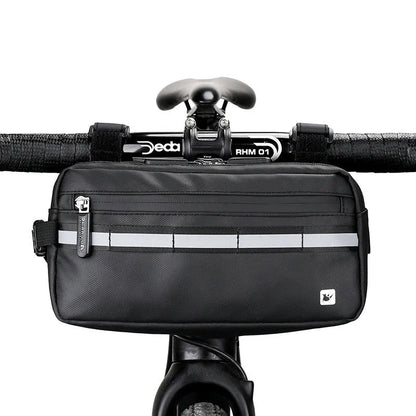 Multifunctional bicycle front handlebar bag in black, grey or blue, 1680D polyester, 3L capacity, 25cm x 8.5cm x 13cm.