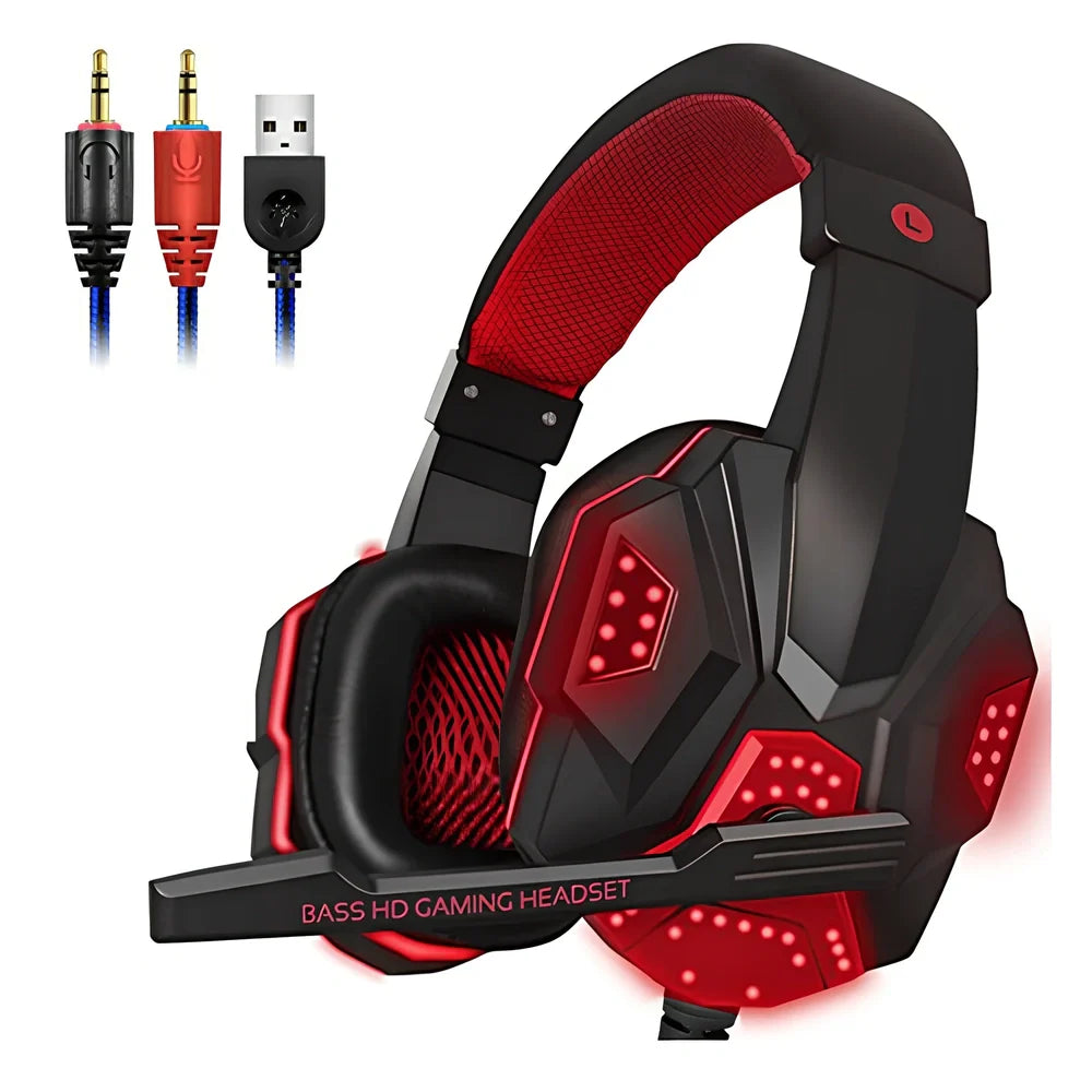 White 3.5mm gaming headset with red LED lights, head-mounted design and microphone for PC gaming