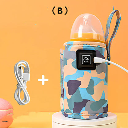 Portable milk bottle warmer with adjustable 55mm-75mm sleeve and temperature control