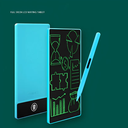 Blue student LCD handwriting tablet with stylus on a 6.5 inch screen for writing and arithmetic practice.