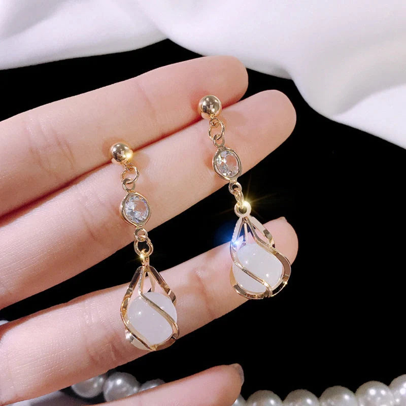 Crystal opal earrings with water drop design and electroplating finish