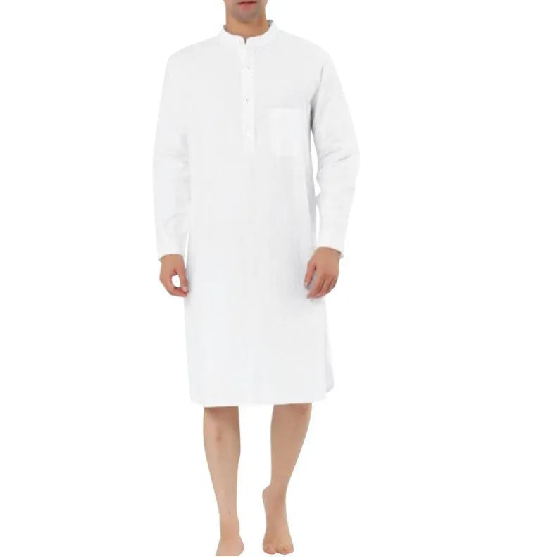 Men's casual shirt robe with long sleeves and front pockets in nine colour options, available in sizes S to XXL and made from cotton fabric for comfortable loungewear and light cover-up use.