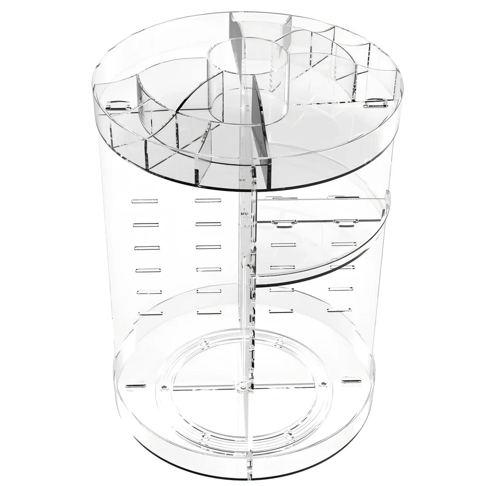 Transparent rotating cosmetics storage rack on table, diamond pattern style, holding skincare bottles, 25cm height