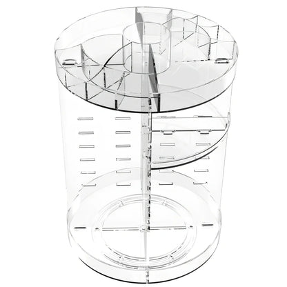 Transparent rotating cosmetics storage rack on table, diamond pattern style, holding skincare bottles, 25cm height