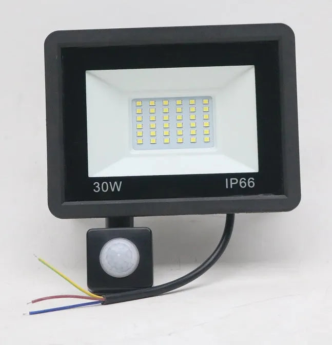Black LED flood light with aluminium shell and glass cover, IP65 waterproof, 120° beam angle, 10W to 300W, cool white.