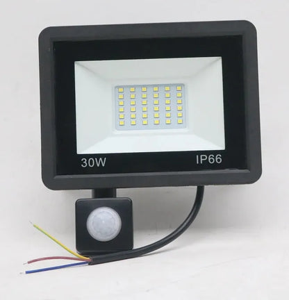 Black LED flood light with aluminium shell and glass cover, IP65 waterproof, 120° beam angle, 10W to 300W, cool white.