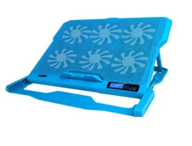 Metal mesh laptop cooling board with LCD display showing speed settings, positioned beneath a notebook computer