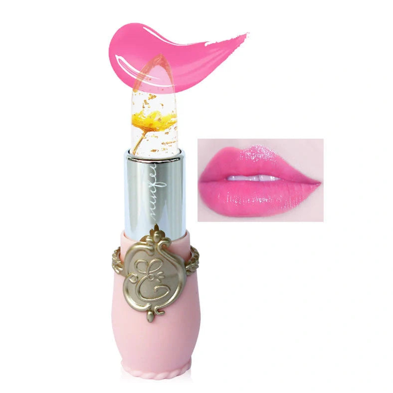 Six Flower Crystal Jelly Magic Lipgloss tubes in Green, Pink, Purple, Red, Rose, and Yellow colours showing high-shine finish