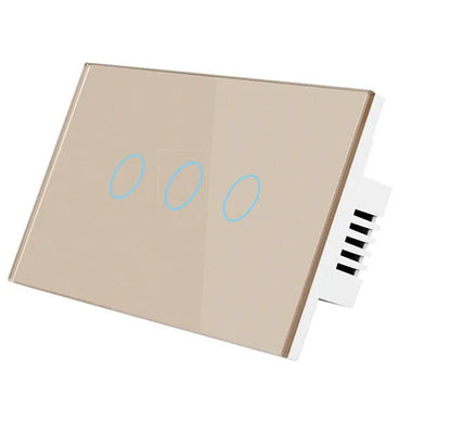 White tempered glass smart touch light switch with blue LED indicator on a UK wall.