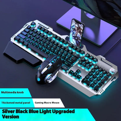 Aluminium alloy mechanical gaming keyboard with rainbow lighting, shown with a macro mouse and gaming headset.