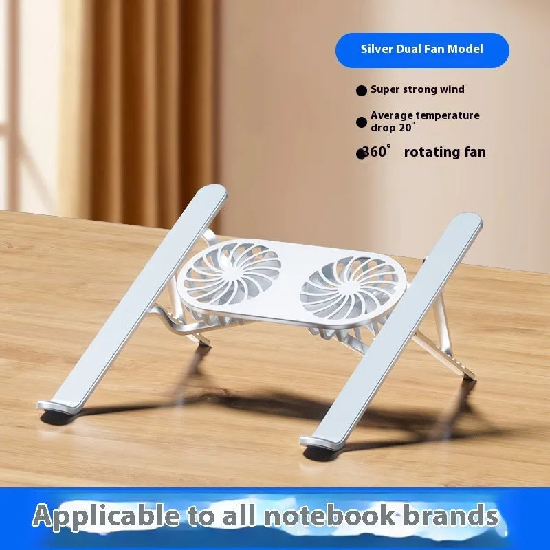 Aluminium alloy portable laptop cooling stand with twin fans and adjustable height mechanism in silver finish