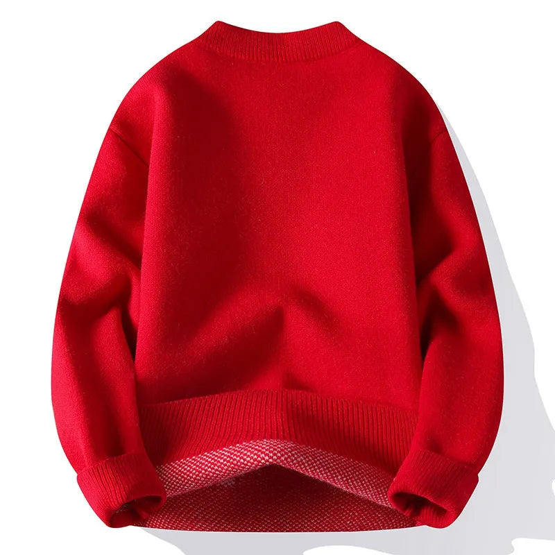 Men's loose grey knitted pullover with ribbed hem, long sleeves, and a casual fit on a hanger.
