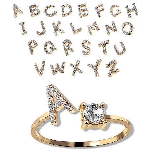 Personalized Initial Letter Crystal Ring with Adjustable Design in Gold, Silver, and Rose Gold Colors