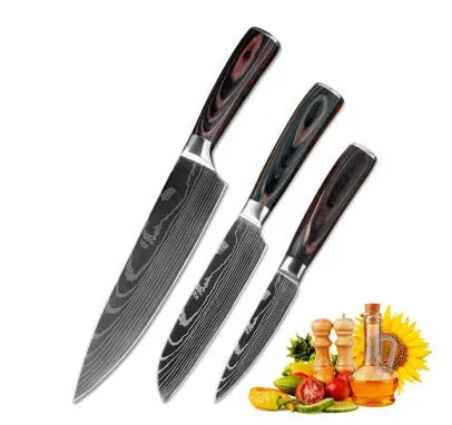 Professional chef knife with laser-etched Damascus pattern on 7Cr17 steel blade and coloured wood handle.