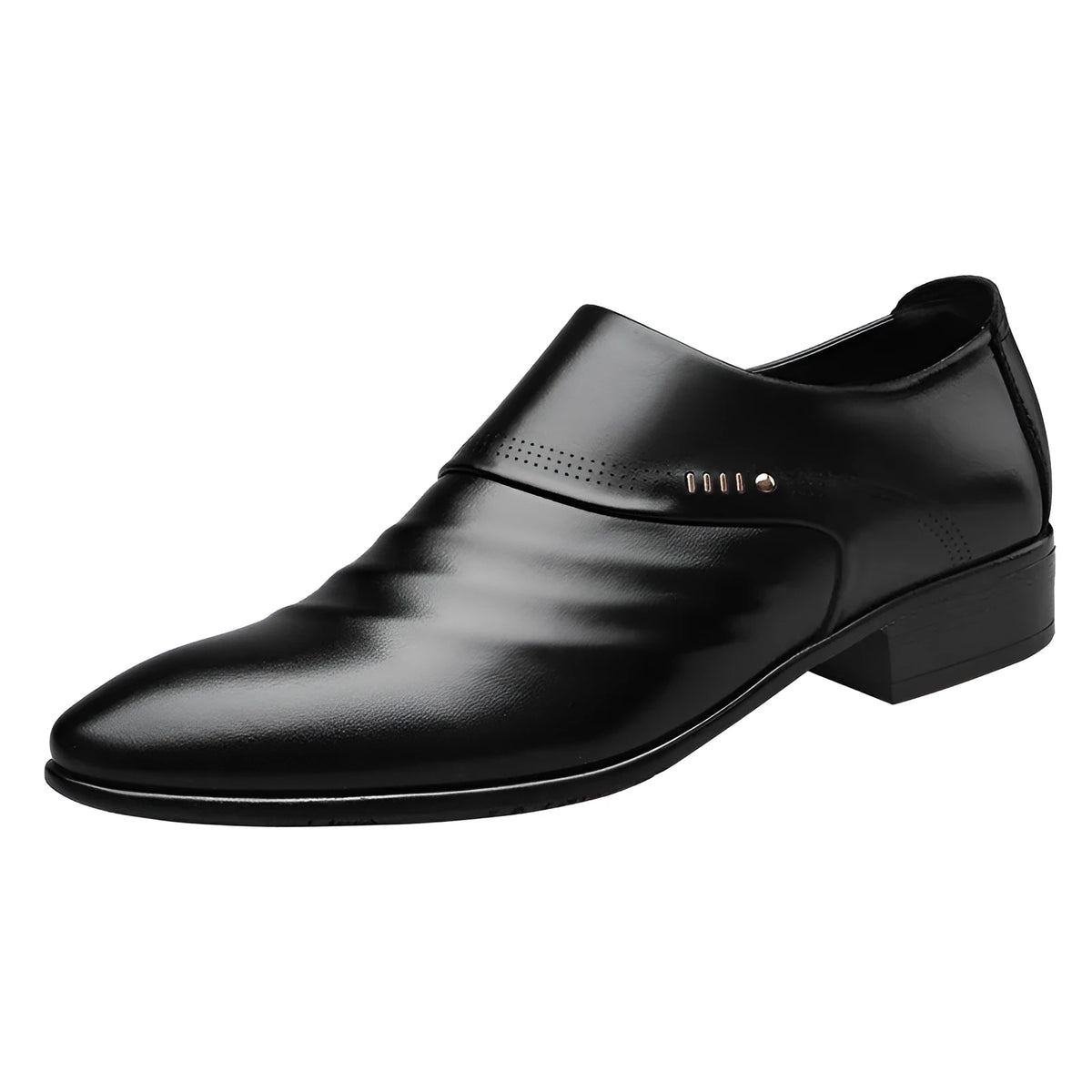 Men's casual pointed toe shoes in black artificial PU with elastic band, low heel, and rubber sole