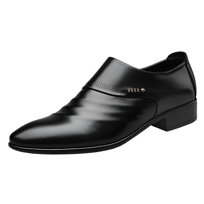 Men's casual pointed toe shoes in black artificial PU with elastic band, low heel, and rubber sole