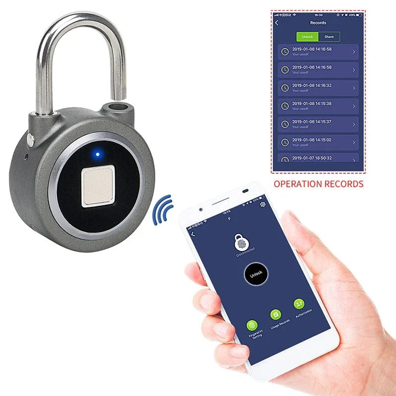 Secure Smart Fingerprint Padlock with durable aluminum alloy and stainless steel construction, Bluetooth app control, and IP65 weatherproof rating