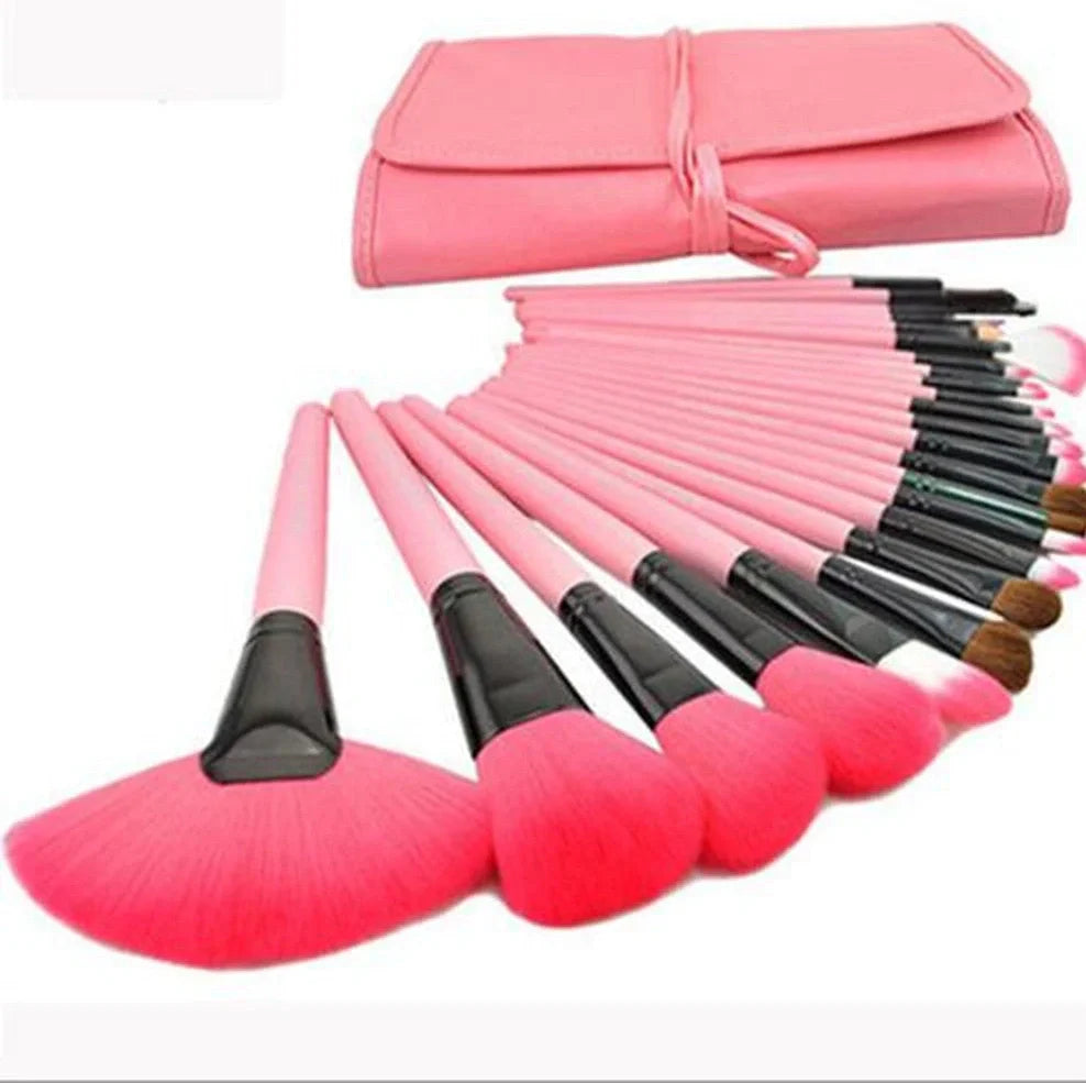 24 makeup brushes with wooden handles and black bristles arranged in set