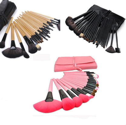 24 makeup brushes with wooden handles and black bristles arranged in set