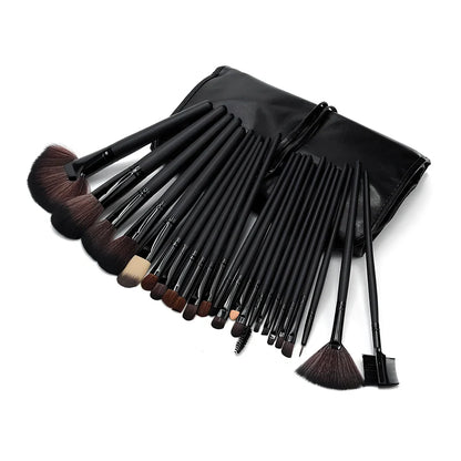 24 makeup brushes with wooden handles and black bristles arranged in set