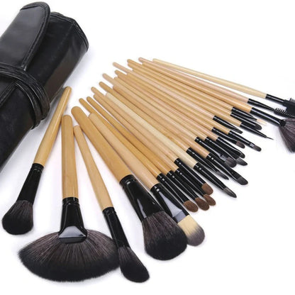 24 makeup brushes with wooden handles and black bristles arranged in set