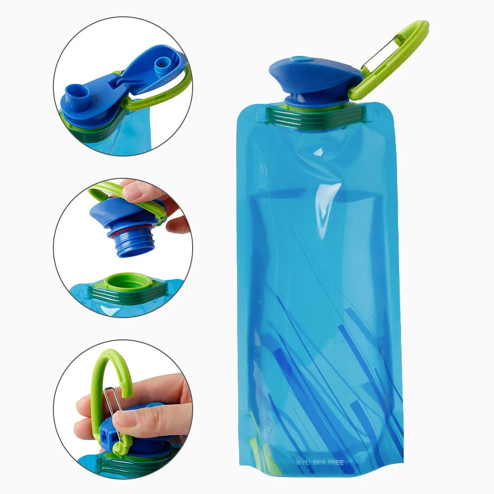 Premium collapsible water bottle in blue, white, and black colors with a compact and portable design for outdoor activities