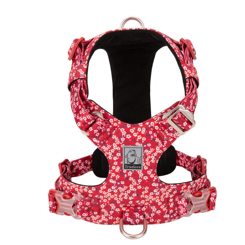 Floral pattern pure cotton pet chest harness strap in red, blue, or green with adjustable sizing