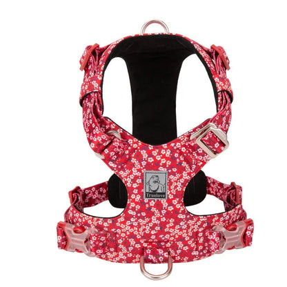 Floral pattern pure cotton pet chest harness strap in red, blue, or green with adjustable sizing