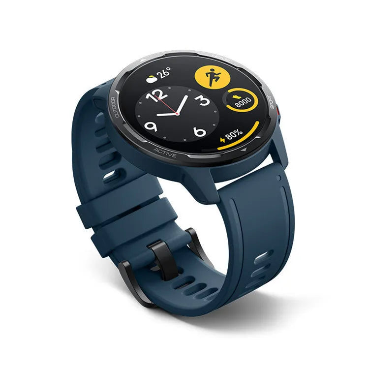 Smart watch with dual band GPS and motion pedometer featuring a 1.43 inch touchscreen, 470mAh battery capacity, and swimming waterproof grade, available in star shining black, bright moon white, or ocean blue silicone strap colours
