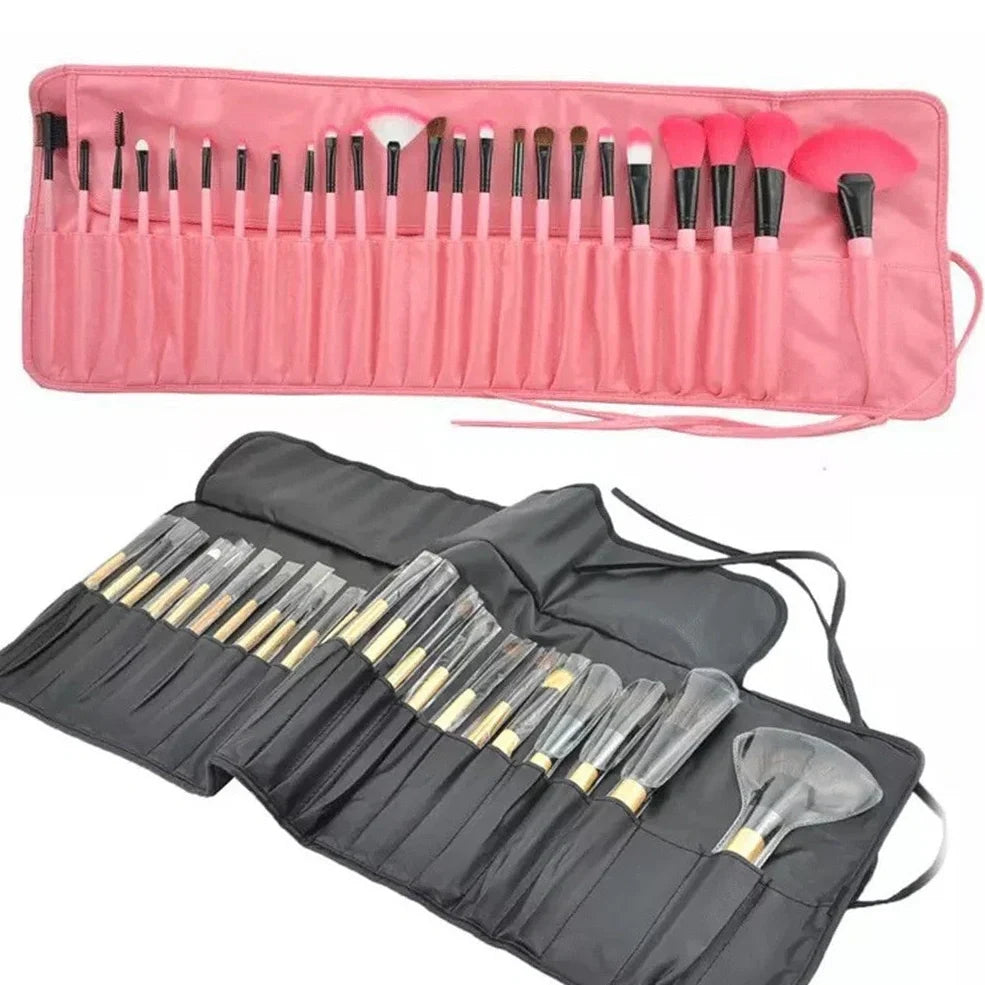 24 makeup brushes with wooden handles and black bristles arranged in set