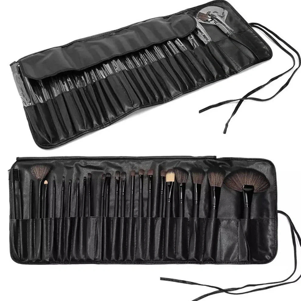 24 makeup brushes with wooden handles and black bristles arranged in set
