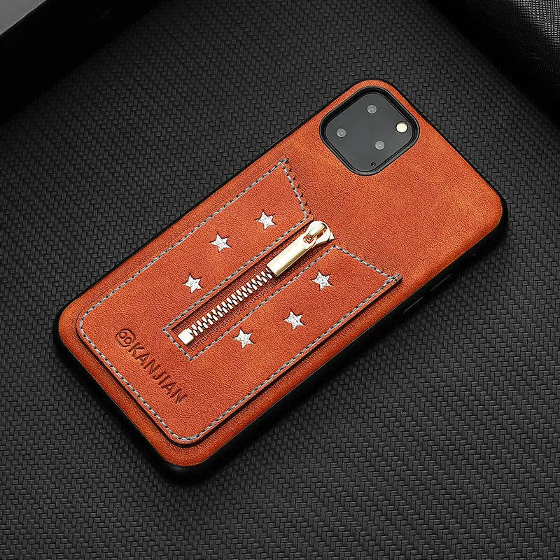 Black PU leather zipper phone case for iPhone, shown with the zipper open.