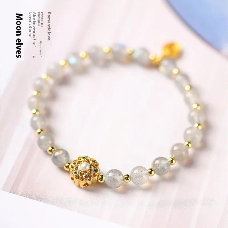 Hand-woven gray moonstone fairy lucky bracelet with sunstone and strawberry quartz peach blossom crystals