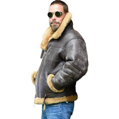 Men's brown synthetic leather fur coat with side pockets and straight hem, medium 65cm length winter jacket