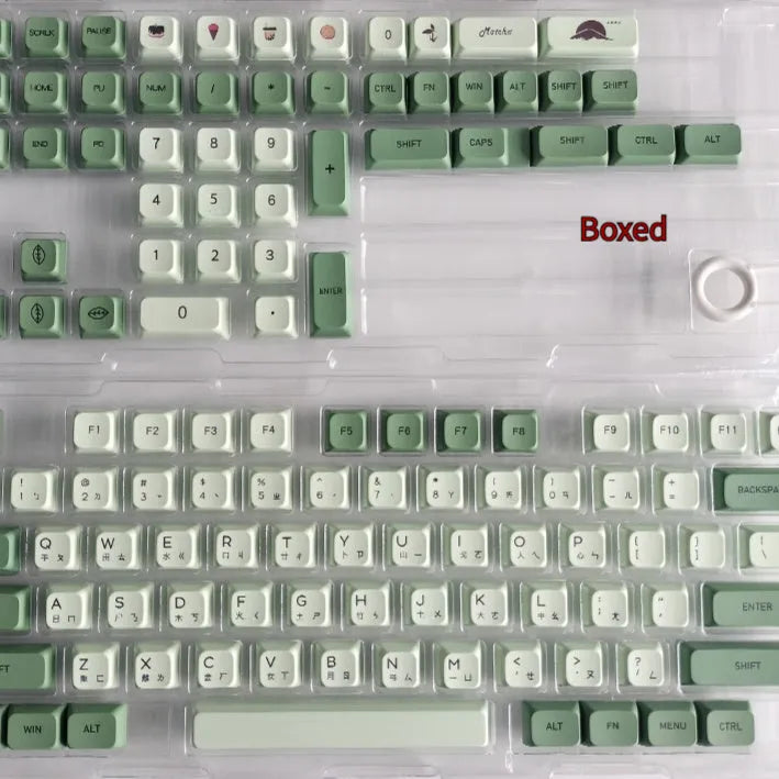 Matcha-themed PBT keycap set with 124 keys and dye-sublimated legends in multiple languages