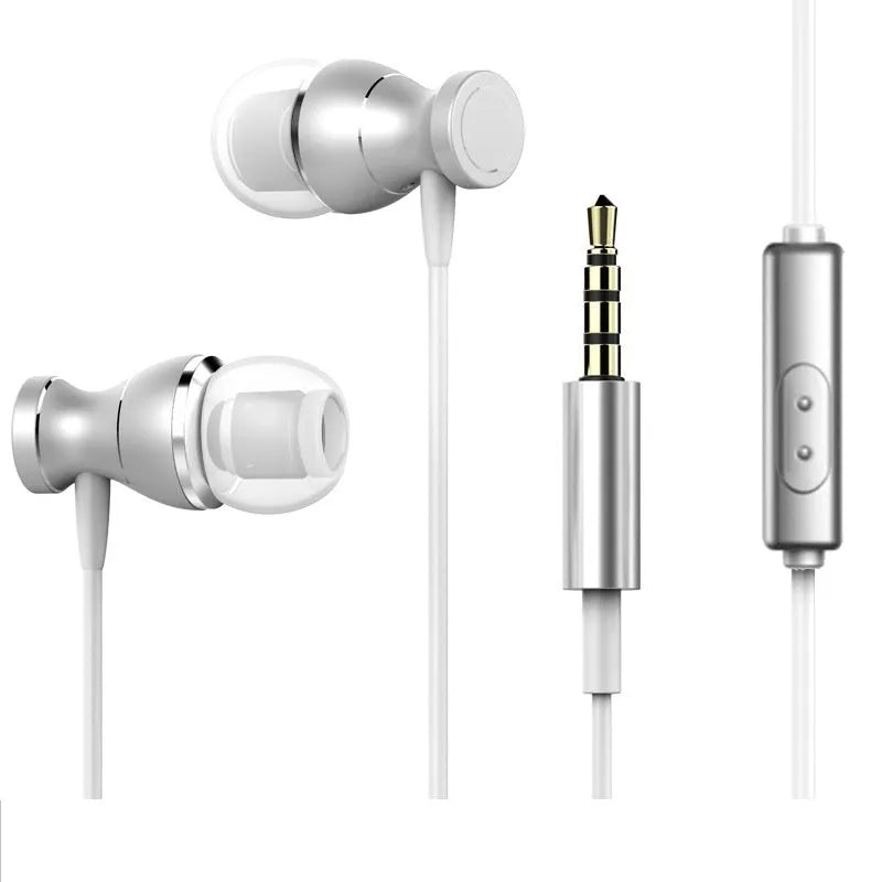 Black in-ear headphones with a 3.5mm straight plug and silicone ear tips on a white background.