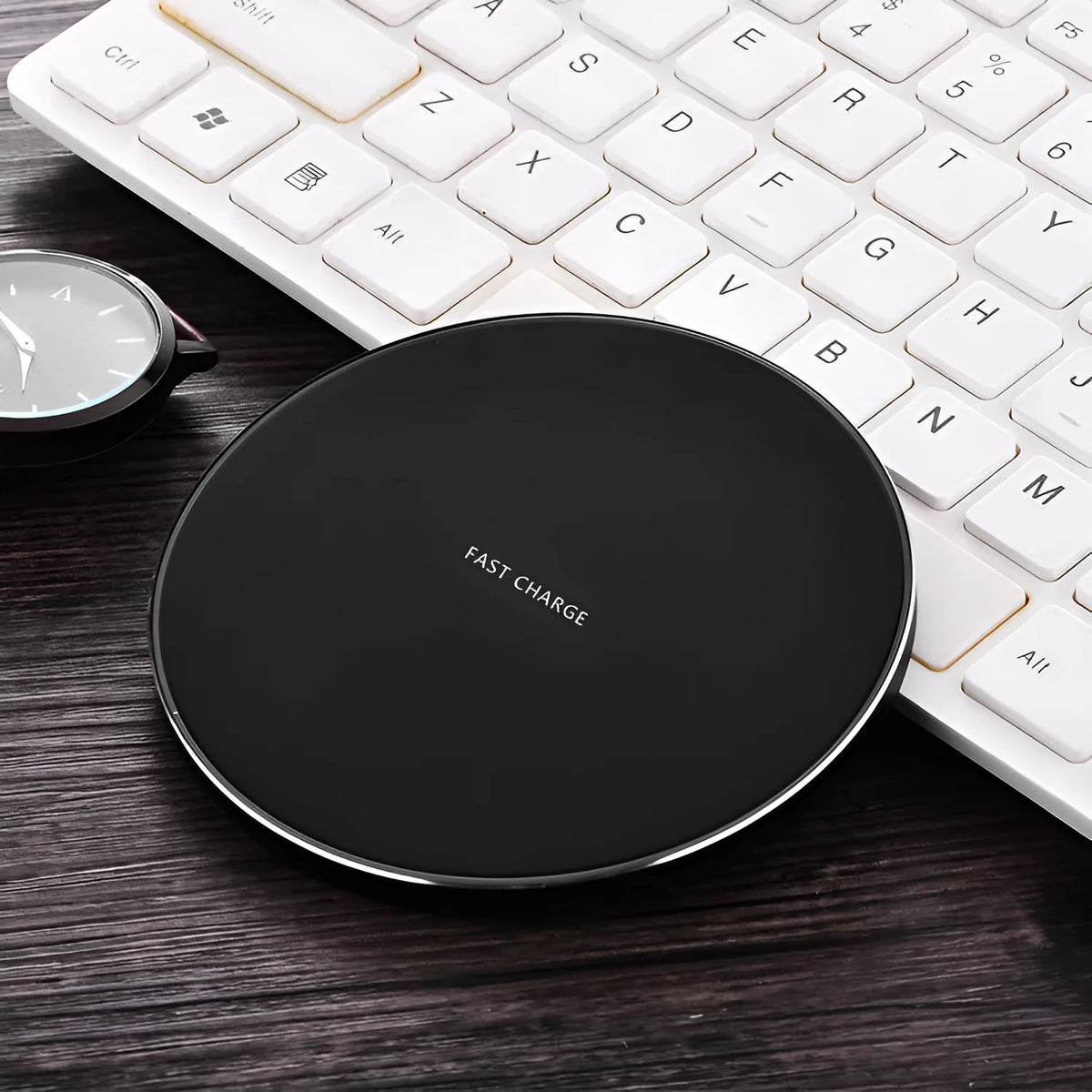 Ultra-thin square aluminium wireless charging pad in black, red, white, or yellow.