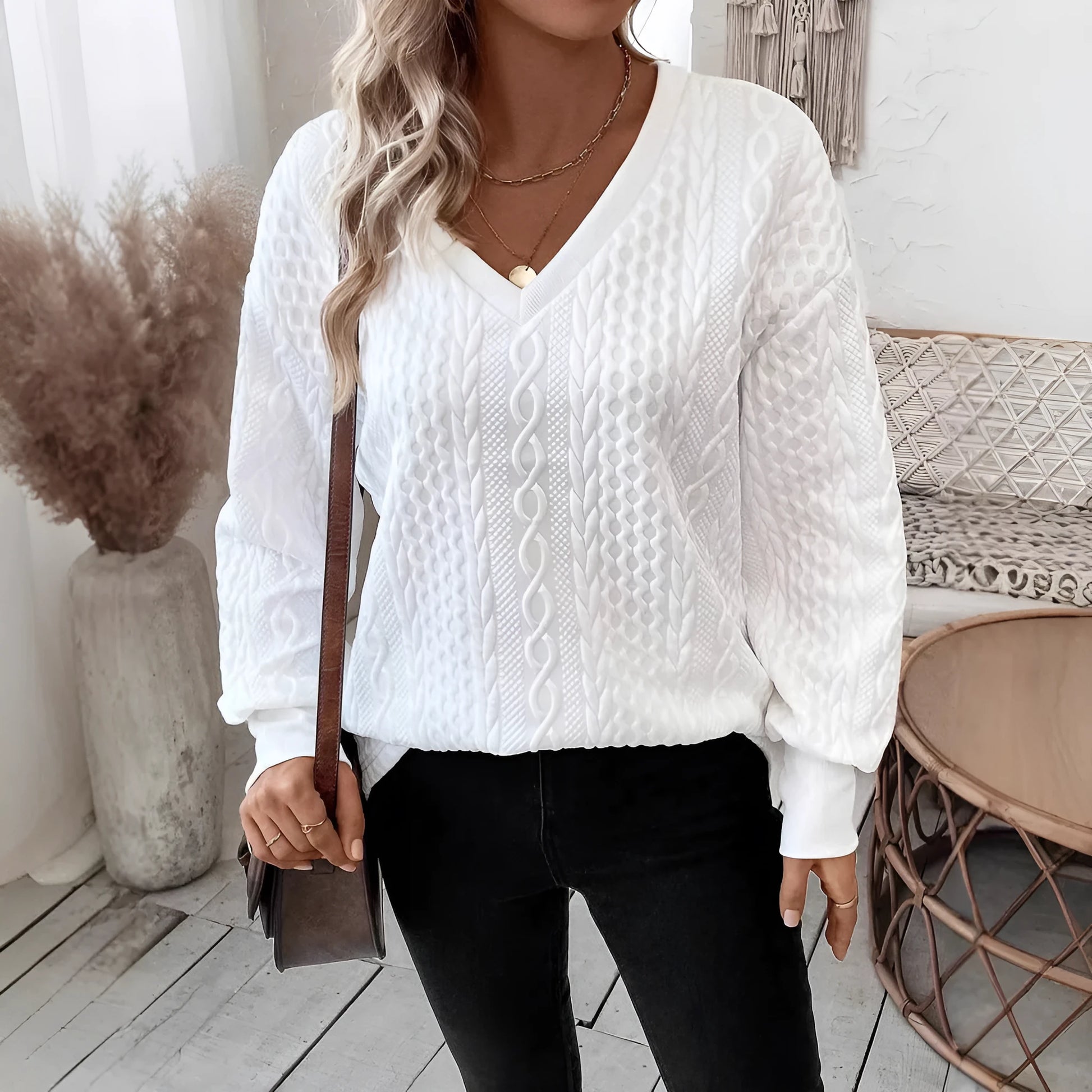 Milky white loose fit long sleeve t-shirt with a 3D pattern, Japanese Korean casual style.