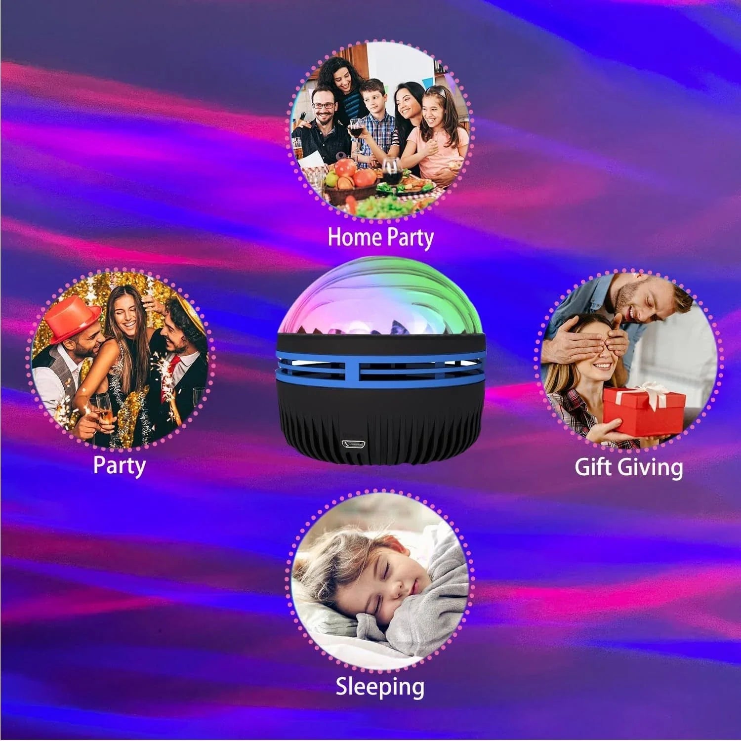 LED Galaxy Star Projector with rotating color-changing display, creating a soothing starry night effect in a bedroom