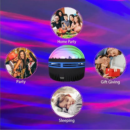 LED Galaxy Star Projector with rotating color-changing display, creating a soothing starry night effect in a bedroom