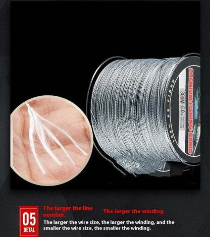 Spool of Dali Mayu 300 metre PE fishing line showing multiple colour options and line number thickness choices.