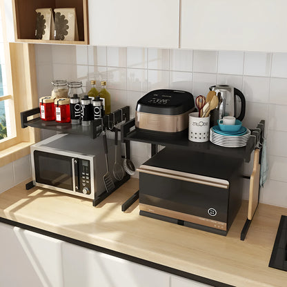 Retractable metal kitchen microwave rack with 2-layer shelf design for countertop organisation